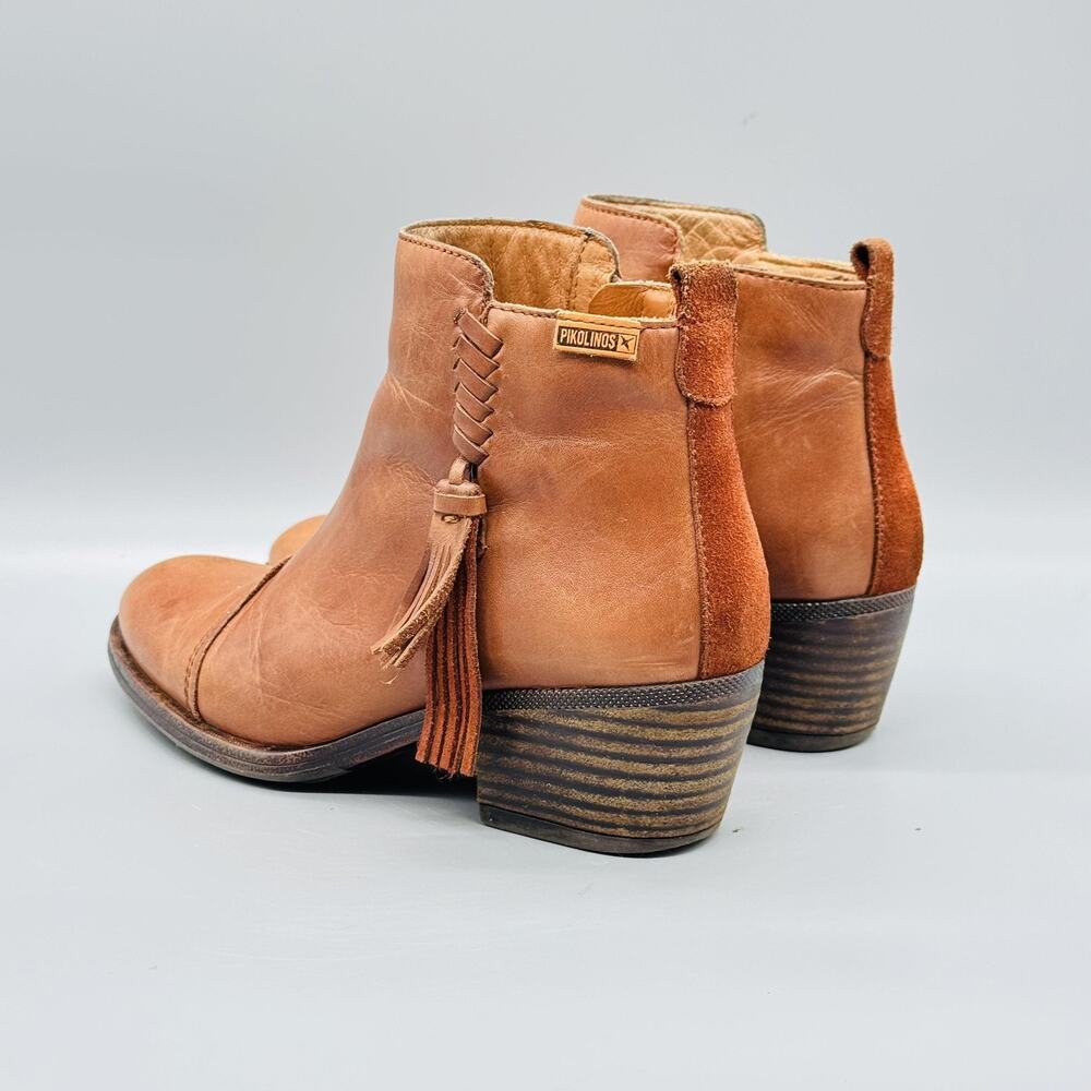 Pikolinos Boots Womens 6.5 Brown Leather Ankle Tassel Zip Block Heel Booties - Picture 5 of 10